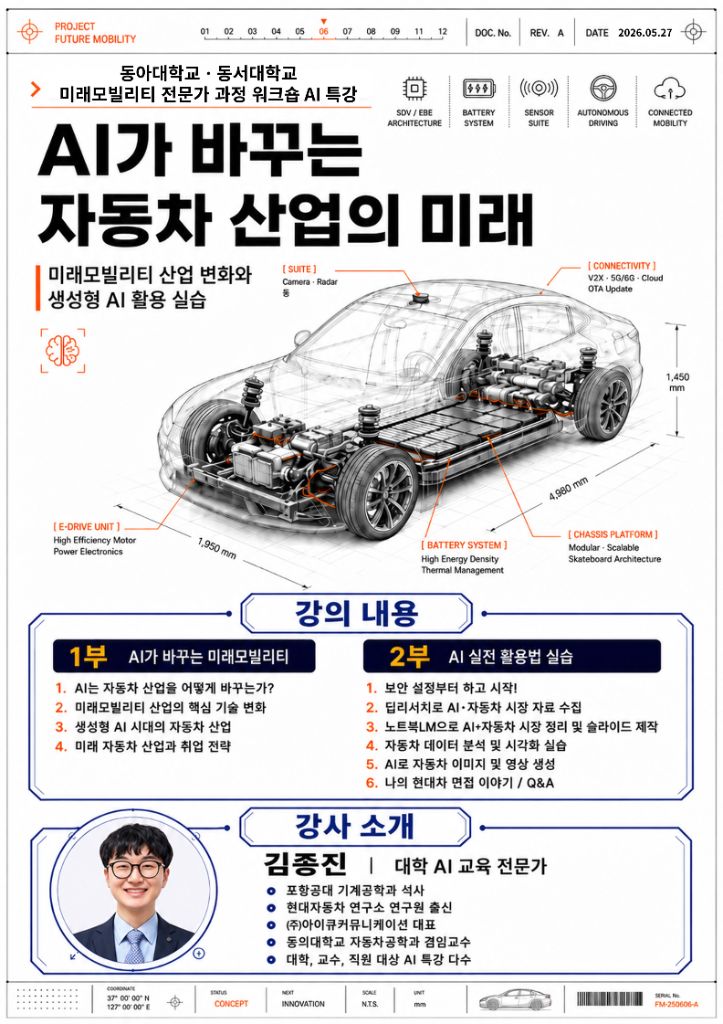 AI가 바꾸는 자동차 산업의 미래 - 동아대·동서대 미래모빌리티 전문가 과정 워크숍 포스터